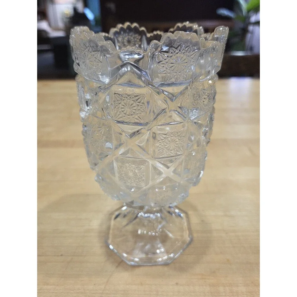 Vintage Imperial Glass Clear Daisy and Button Footed Vase 8 Inch